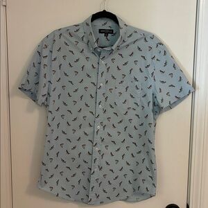 J Crew Mercantile Flex Shirt Bass Fish Printed Button Front Short Sleeve Shirt L